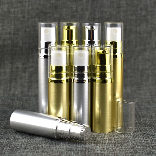 

5ml 10ml empty refillable airless lotion pump serum travel bottle tube gold silver clear lid cap f3051