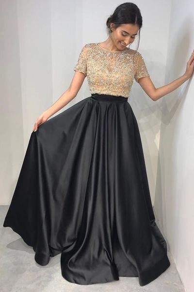 

bling champagne black skirt evening dresses long mother of the bride dress jewel neck short sleeves beaded crystal formal gowns, Black;red