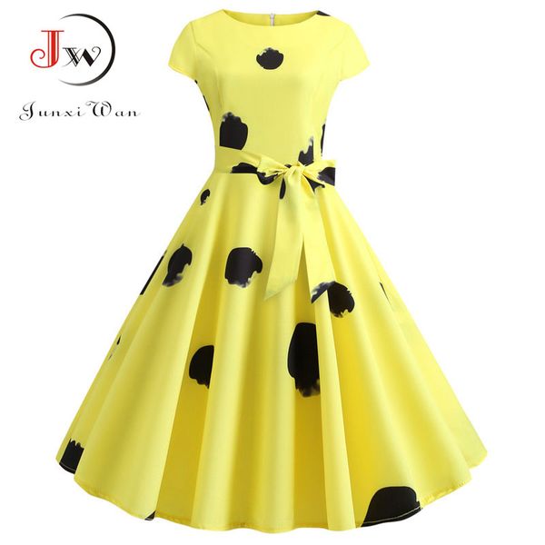 

women retro vintage 50s 60s rockabilly swing summer dress elegant tunic robe yellow casual short sleeve midi vestidos plus size, Black;gray