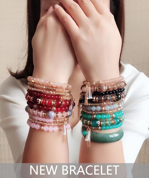 Piedra natural para mujer multicapa cristal Borla Brazalete Con Cuentas Pulsera Joyería