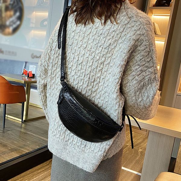

fashion women phone bag stone pattern zipper messenger bag solid chest waist bags pu leather chest sports pocket
