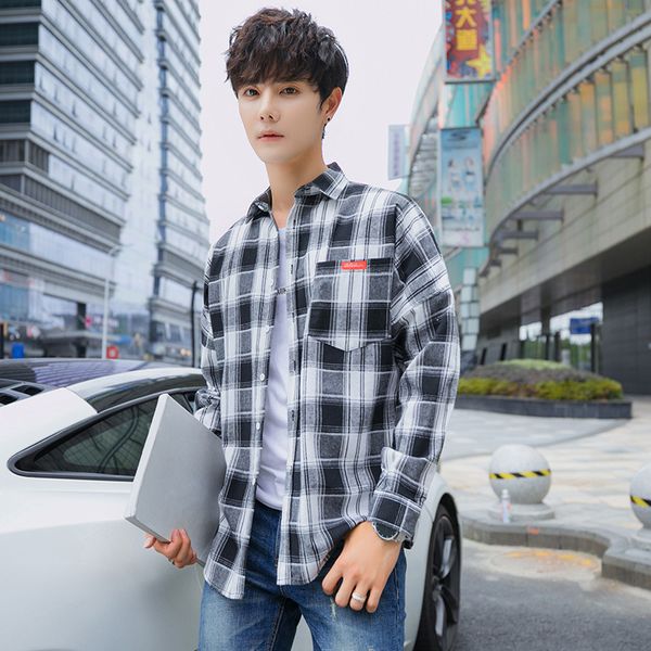 

мужская дизайнерская осенняя клетчатая повседневная рубашка с длинным рукавом tide, White;black