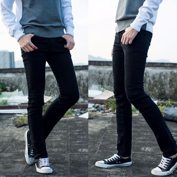 

100% cotton fashion stretch feet black pencil pants men's jeans slim fit trousers men pencil tight pants, Blue
