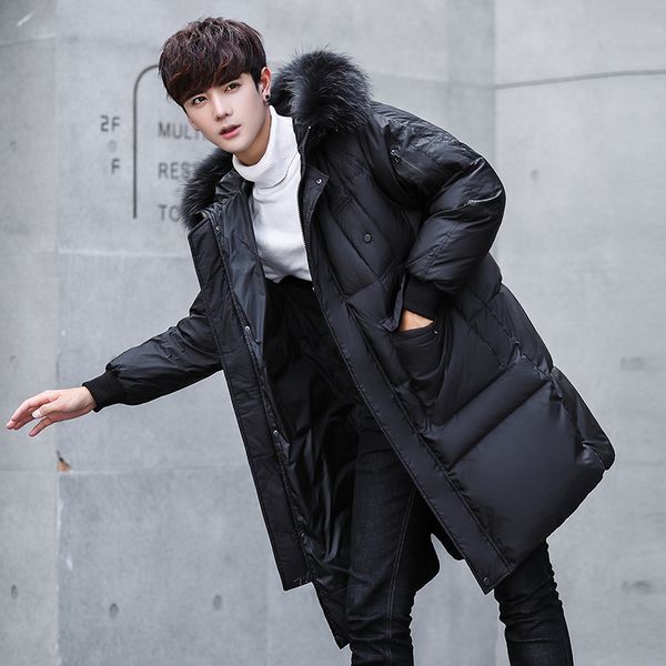 

высокое качество средней длины мужская пуховик меховой воротник толстый согреться зимняя куртка для мужчин повседневная зимнее пальто hp55, Black