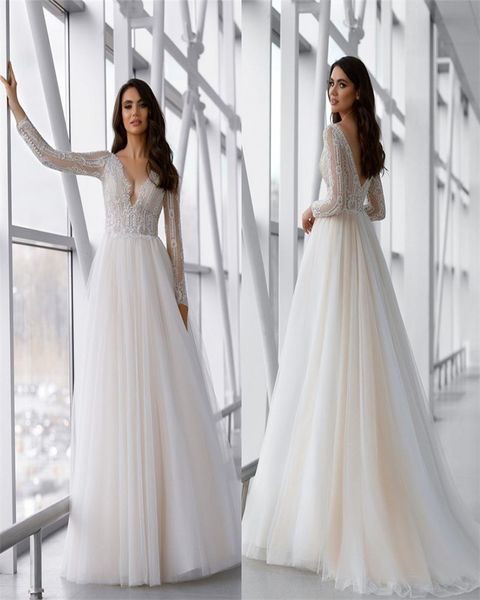 2020 Sıcak Satış Denizkızı Gelinlik V yaka Uzun Kollu Aplikler Dantel Boho Gelin Kıyafeti Backless Tren Custom Made vestidos de novia Sweep