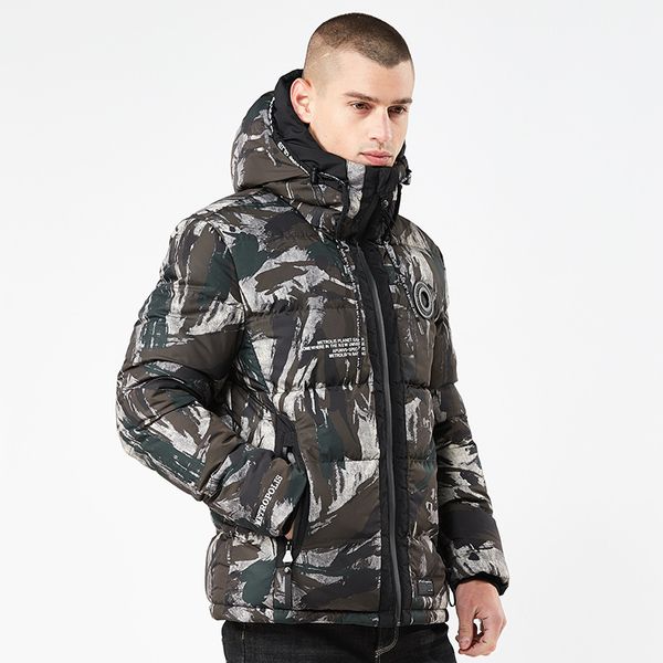 

hcxy brand 2018 european & american cool fashion men's hooded camouflage parka winter warm coat men standing collar windproof, Black