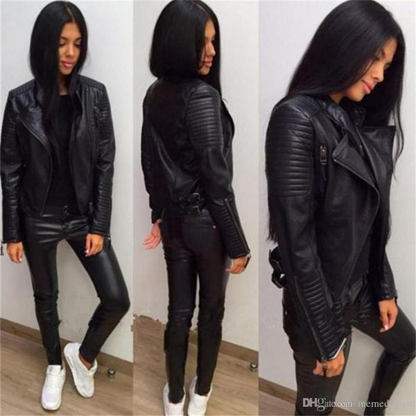 

дамы кожаные куртки 2018 новый черный тонкий мото байкеры куртка женщин с длинными рукавами молния весна осень верхняя одежда кожа пальто nz, Black
