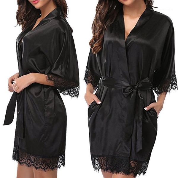 

sashe comfortable home lace robes womens clothing women faux silk pyjamas plus size v neck, Black;red