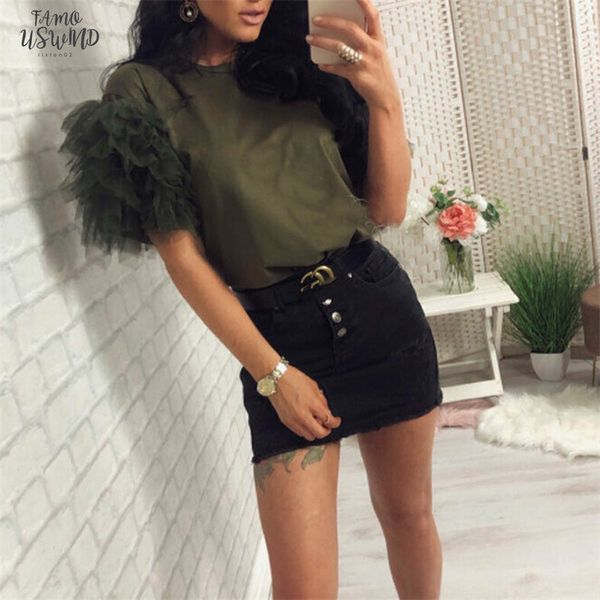 

2020 women short sleeve mesh tulle ruffle t shirt cap sleeve ladies boho summer casual tee shirt holiday haut femme, White