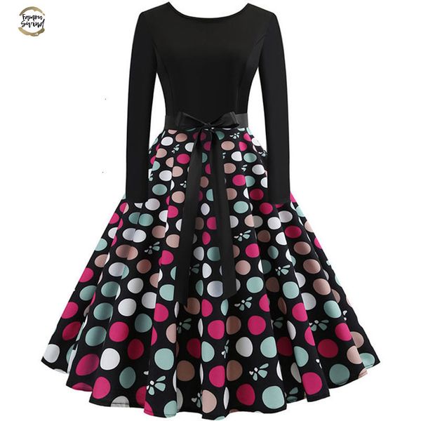 

new women long sleeve midi dress casual slim plus size floral print autumn dresses dot vintage rockabilly pin up vestidos, Black;gray