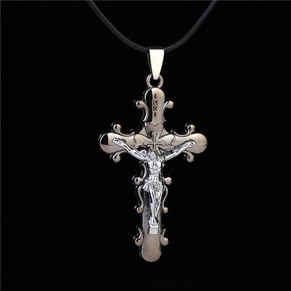

fashion- men jewelry gunblack plated initial letters carved imitation titanium steel gothic jesus cross pendant necklace christmas gift, Silver