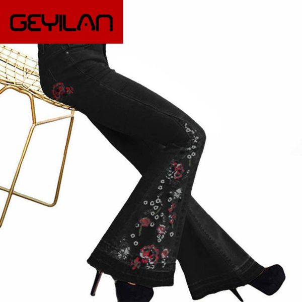 

женские вышитые расклешенные джинсы джинсовые брюки винтажная женская одежда 2019 newst осень высокая талия брюки эластичные джинсы 7.16, Blue