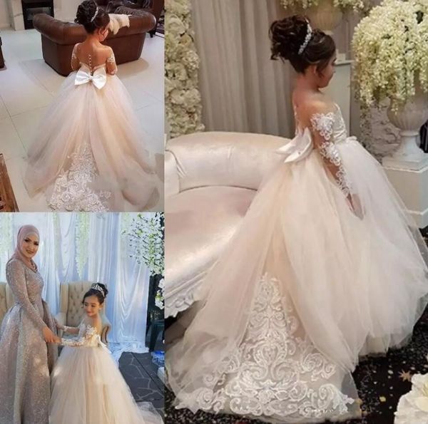 

lovely flower girl dress for wedding long sleeves lace appliques big bow sheer neck first communion dress girls pageant gown, Red;yellow