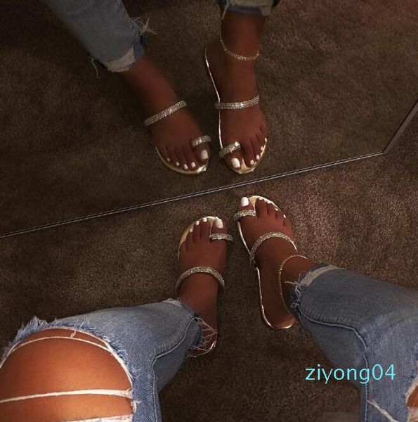 

new rhinestone bright diamond slippers 2019 women's shoes diamond flat sandals outdoor beach shoes wild single finger flip flop z04, Black