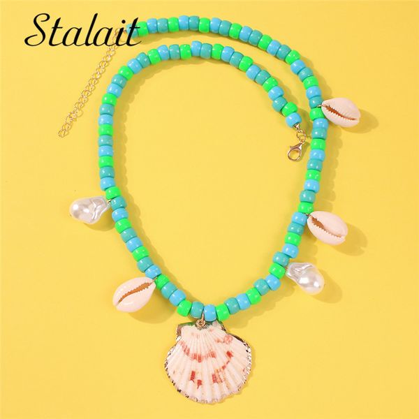 

statement large shell shape pearl beads summer necklace for female charm multi color resin chain necklace wedding gifts jewelry, Silver