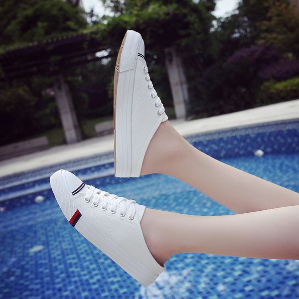 

white/yellow canvas shoes women casual vulcanized shoes fashion summer loafers without heel new korean version flat half slipper, Black