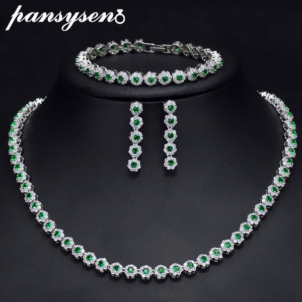 

pansysen wedding engagement 925 silver necklace/earrings/bracelet jewelry set new fashion emerald gemstone women jewerly sets, Black