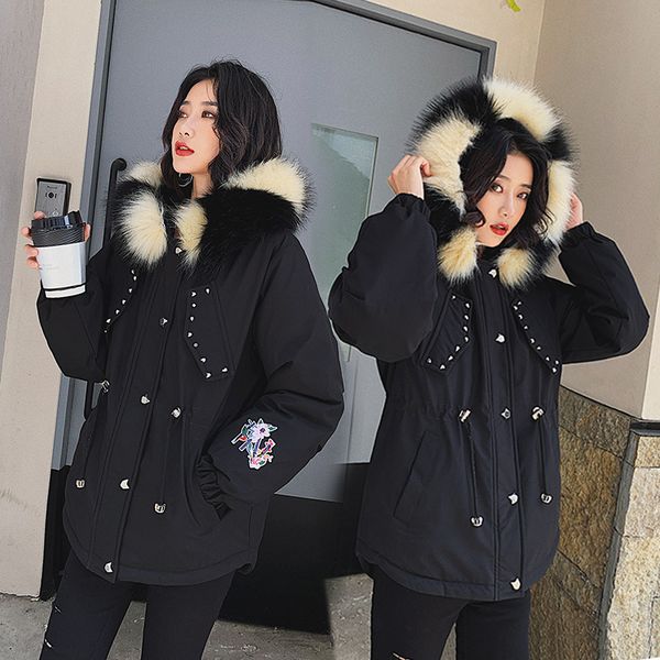 

2019 зимняя куртка женщины мех с капюшоном утепленная средней длины пальто вышивка хлопок проложенный зимнее пальто теплый сгущаться jaqueta, Black