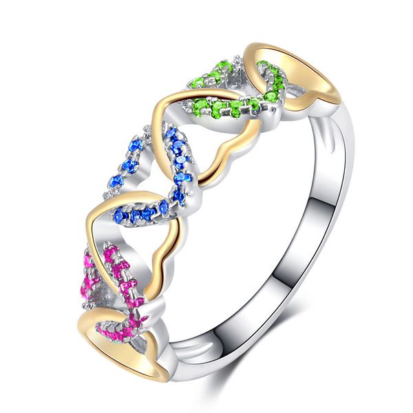 

Girls New fashion two color ring female creative color zircon inlaid heart rings Jewelry 6/7/8/9/10