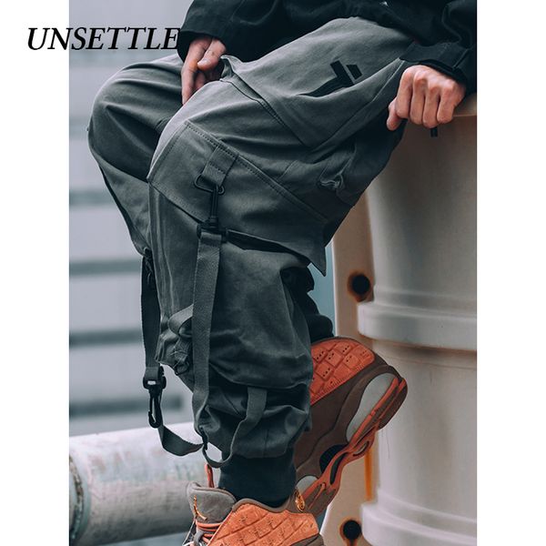

unsettle japanese side pockets cargo pants style men hip hop male tatical trousers mens joggers casual streetwear pants, Black