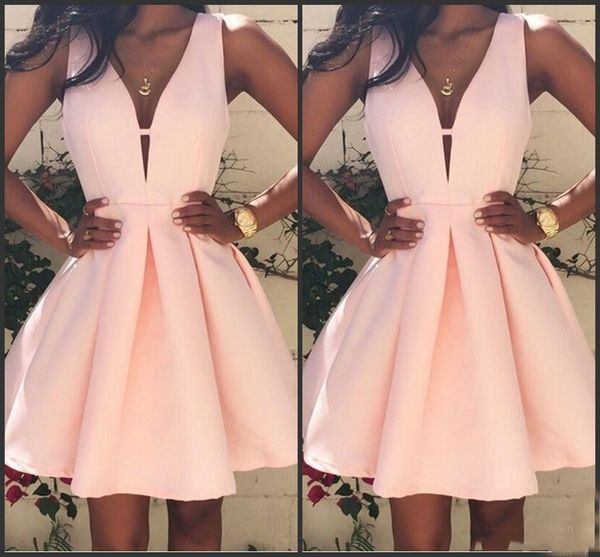 

2019 pink short cocktail dresses v neck backless stain mini stain ruffles prom party dress custom special occasion homecoming gowns, Black