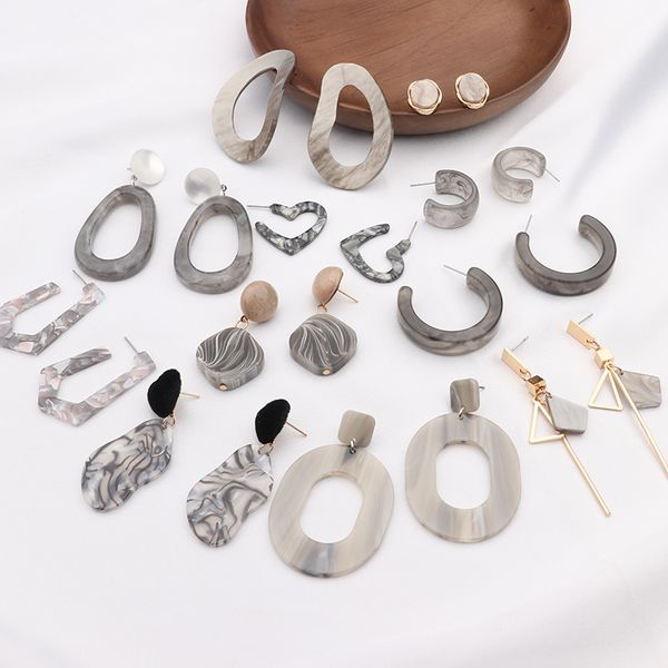 

mengjiqiao 2019 new irregular geometric round grey acrylic statement long drop earrings acetic acid resin earrings for women, Silver