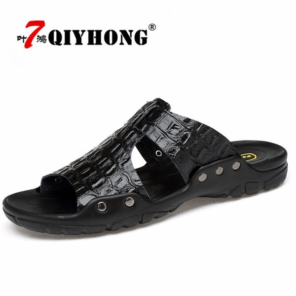 

genuine leather slippers men summer sandals breathable qiyhong brand designer stylish shoes real leather seaside beach flats, Black
