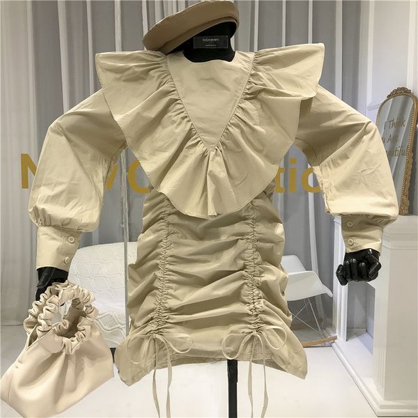 

new 2020 spring flounces drawstring women dresses casual long sleeve slim female girls short basic dress, Black;gray