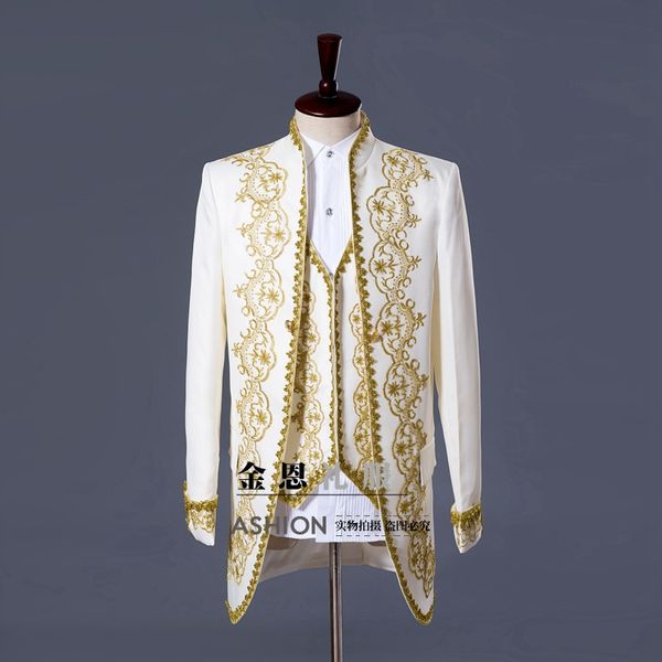 Стильные мужские смокинги с золотой и белой вышивкой, классический мужской свадебный костюм для жениха, куртка, брюки, жилет, белый, черный, актуальные фотографии265J