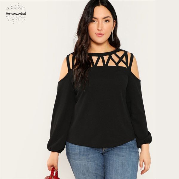 

black cut blouses women cold shoulder lantern sleeve solid out plus size blouse 2019 spring casual solid 3 colors, White