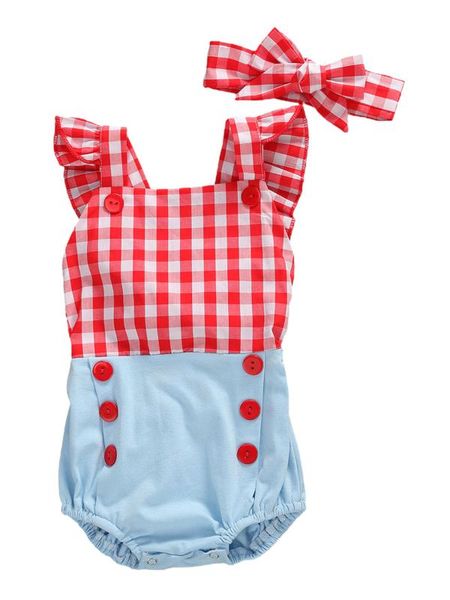 

2020 baby clothing bodysuits newborn toddler baby girls clothes romper jumpsuit bodysuit plaid buttons sunsuit headband, Blue