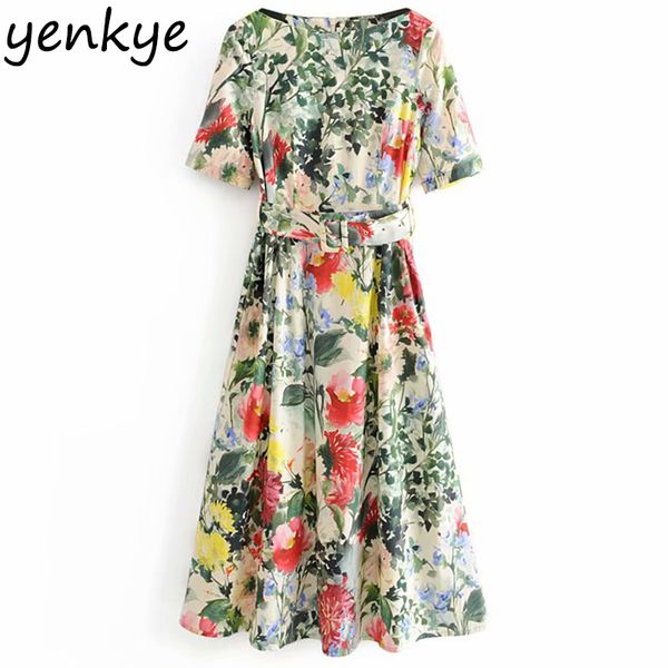 

holiday summer dress 2019 women boho floral print dress lady o neck short sleeve with belt a-line casual long robe longue, Black;gray