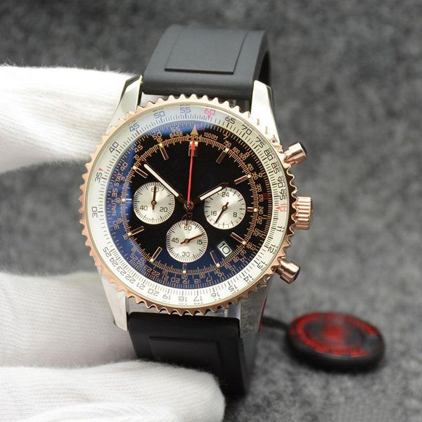 

luxury 9colors 44mm quartz chronometer mens watches gold case men watch date wristwatches stainless steel bezel blue dial rubber strap, Slivery;brown