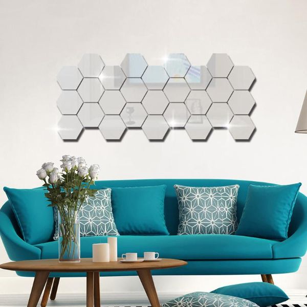 

24pcs 3d hexagon mirror wall sticker self adhesive removable diy art tile decal home living room decor acrylic wall stickers