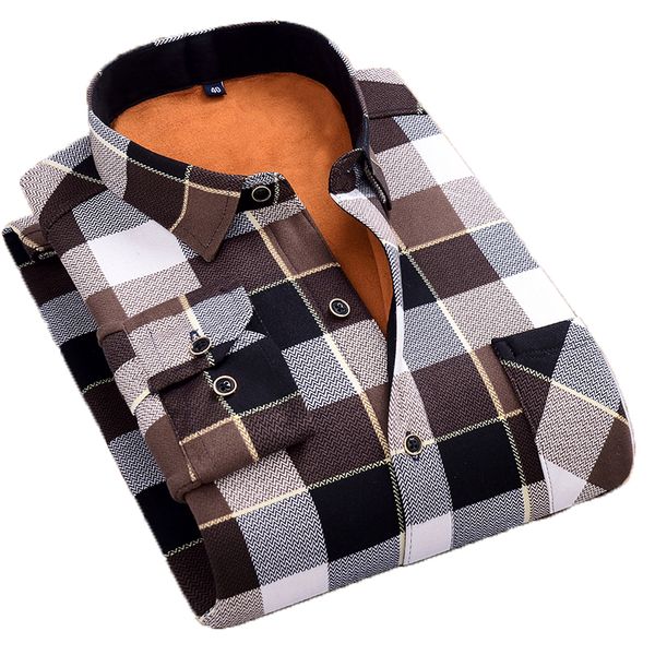 

aoliwen 2019 men's plaid long sleeve warm shirt flannel wool fleece winter warm long sleeve plus velvet men's shirt slim fit, White;black
