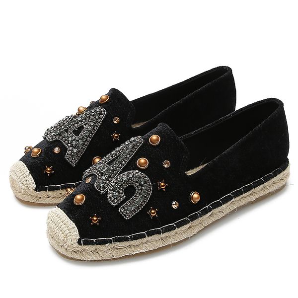 

women's new fashion rhinestone letter flats fisherman shoes female spring flat leisure shoes breathable lazy rope sole, Black