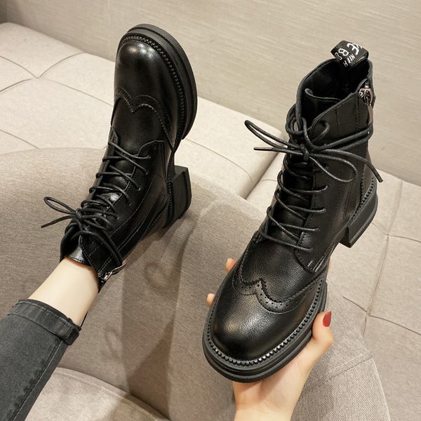 

boots women new 2019 rock shoes woman lace up winter footwear booties ladies luxury designer round toe mid calf 2020 fashion, Black