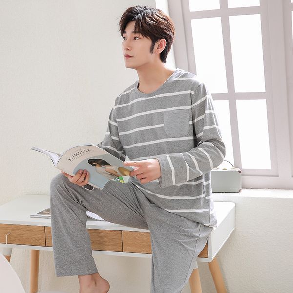 

осень новый вязаные хлопка с длинным рукавом пижамы наборы мужской pijama hombre письмо пижама для мужчин sleepwear костюм плюс размер l-4xl, Black;brown