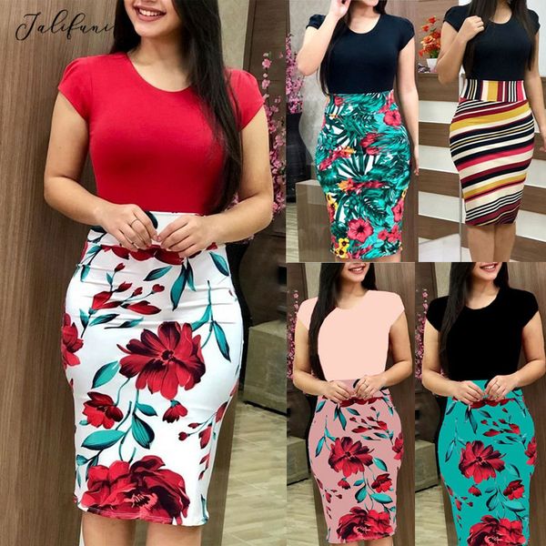 

women boho floral print pencil dress short sleeve bodycon midi dress 2020 summer patchwork package hip slim party vestidos, Black;gray