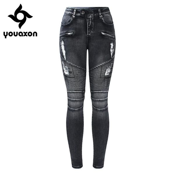 

2168 youaxon new black motorcycle biker zip jeans women`s mid high waist stretch denim skinny pants motor jeans for women, Blue