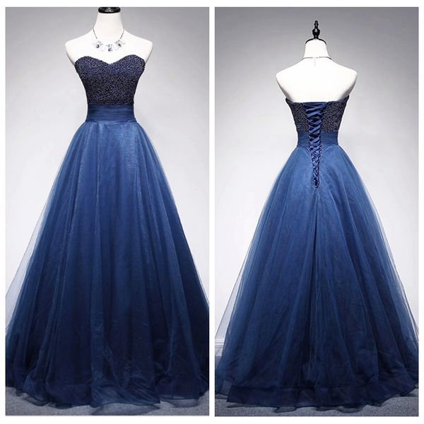 

women strapless navy blue prom dresses tiered tulle heavy beaded evening dresses long lace up a line evening gowns with sweep train, Black;red