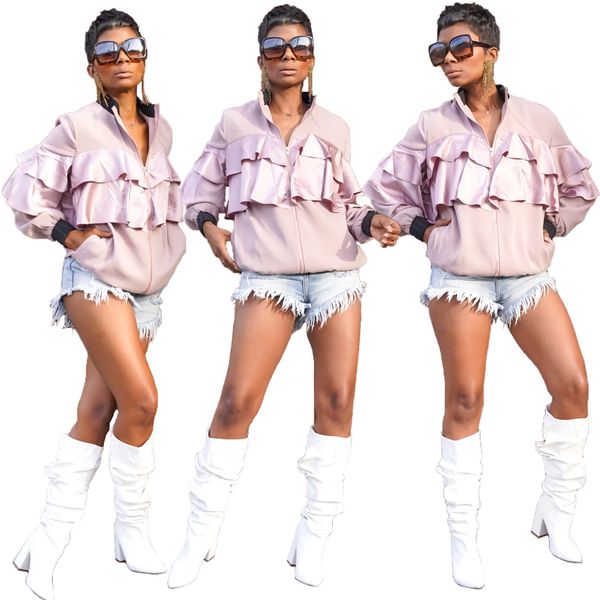 

women's jackets style zipper mock neck with ruffle panel jacket for women women's outerwear & coats, Black;brown