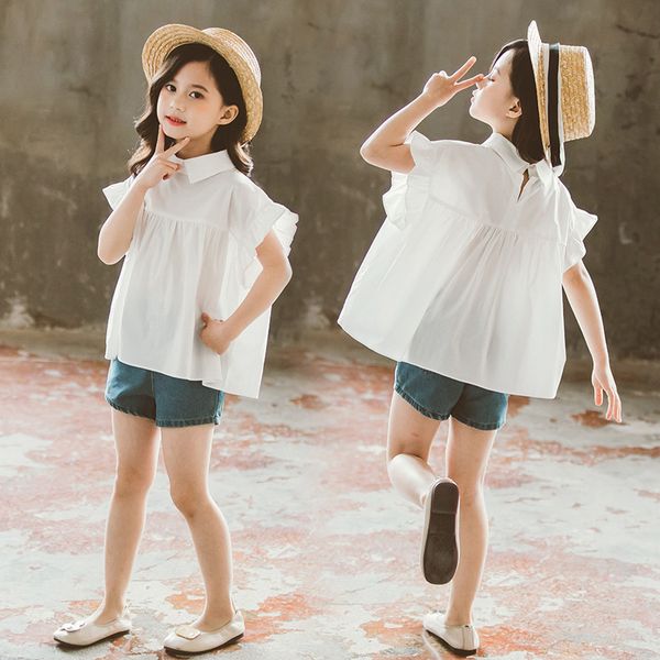 

summer girls clothes sets children lapel loose t-shirt & denim shorts 2pcs suit kids clothing teen girl tracksuit 6 8 12 years, White