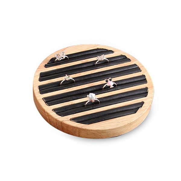 

bamboo wooden ring display tray round 6 long slot leather insert jewelry storage, Pink;blue