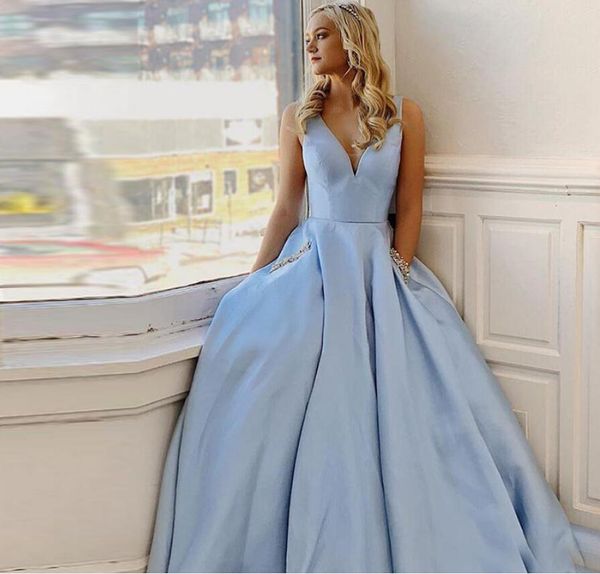 

simple v-neck light sky blue prom dresses with pockets a-line special occasion gowns women formal long evening celebrity dresses, White;black