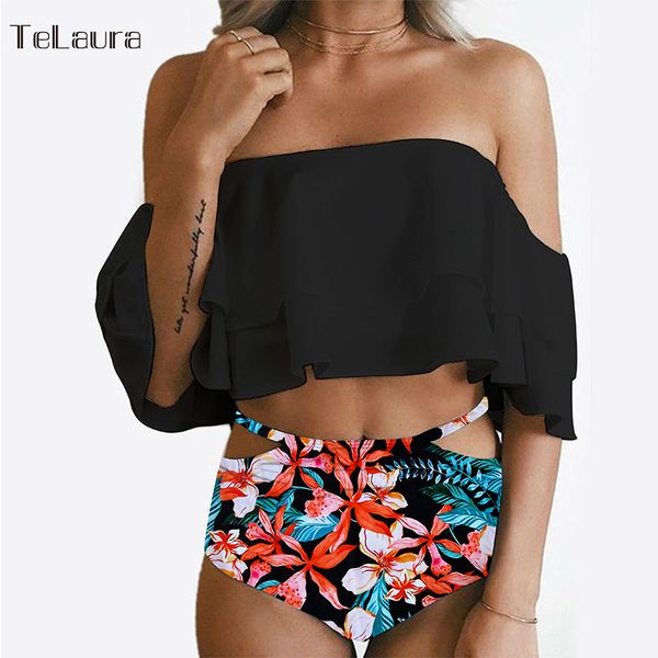 

2020 sexy высокой талией купальник женщины рябить бикини с плеча бикини женщины купальники плюс размер biquini купальный костюм пляжная одеж, White;black