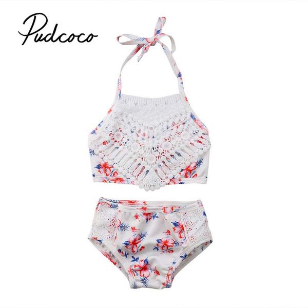 

2019 brand summer newborn baby girl bikini suit floral bandage lace swimsuit swimwear 2pcs outfits set clothes, White