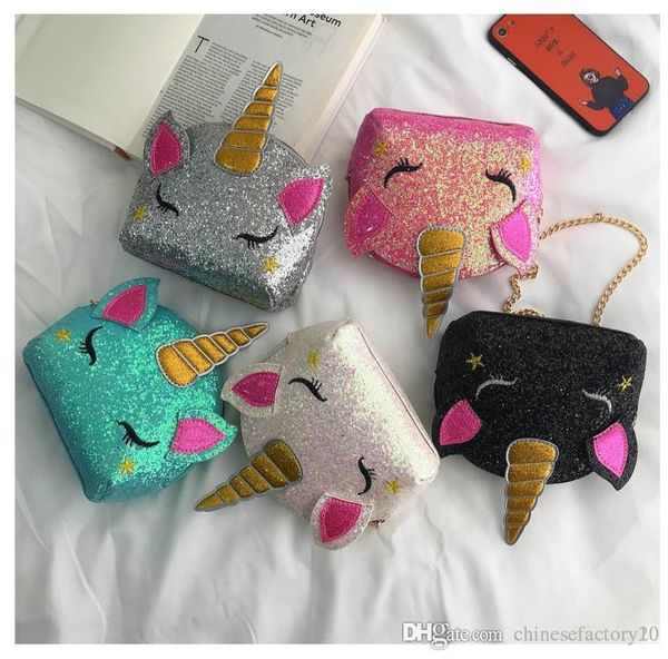 

sequins designer bags unicorn crossbody bag girls cartoon chain shoulder bags kids bling messenger bags gift 5 colors, White