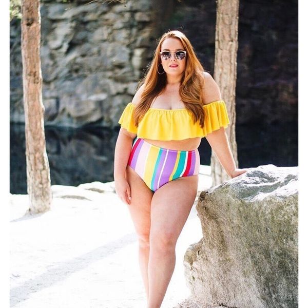 

hxby ruffle bikini plus size swimwear women 3xl rainbow high waist bikini swimsuit female large size yellow bandeau set