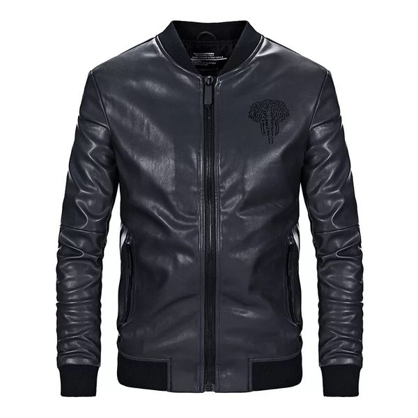 

leather jacket design stand collar casual motorcycle mens stand collar baseball jacket leather men winter coat, Black